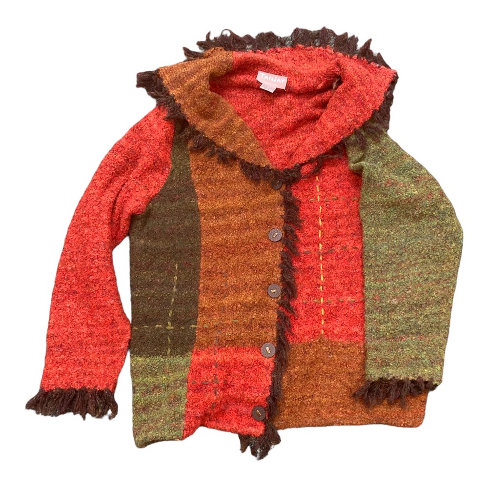 Vintage‎ Tan jay Colorblock Patchwok Art To Wear Cardigan Sweater Size Lg…